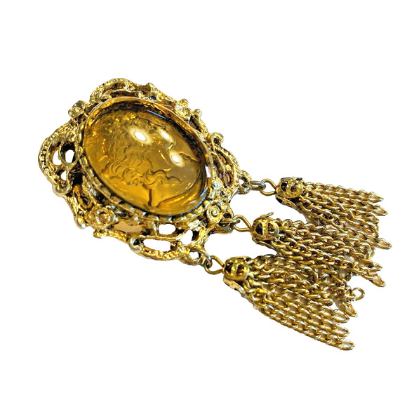 Vintage Etched Reverse Carved Glass Cameo Brooch Pin Gold Tone Chain Tassels - Picture 2 of 7